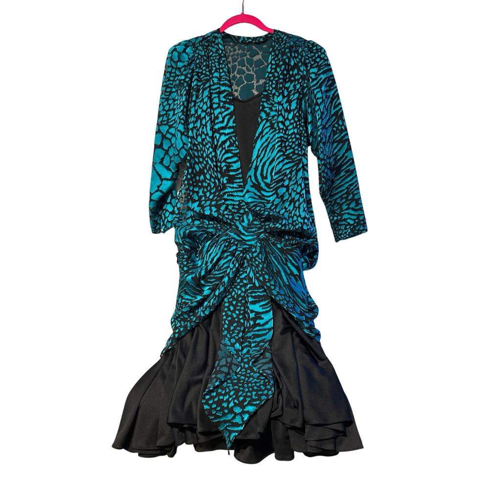 Endien Ltd. Vintage 70s Long Sleeve Midi Dress Animal Print Teal Black Size 8
